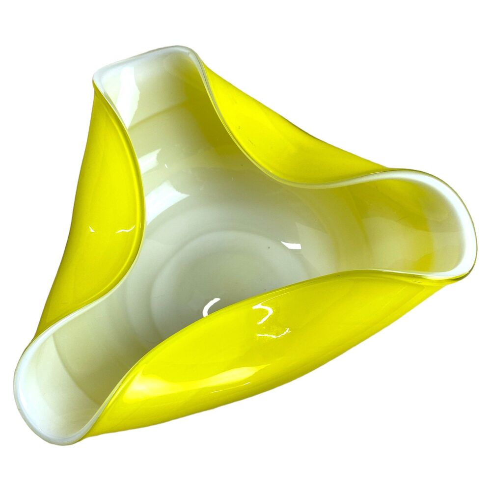 Vintage Wales Art Glass Ashtray Yellow White Tri-Fold Candy Dish MCM Decor